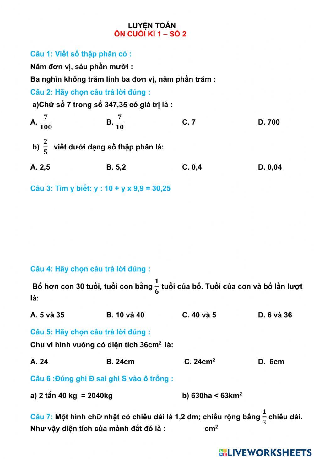 Toán ôn cuối kì 1