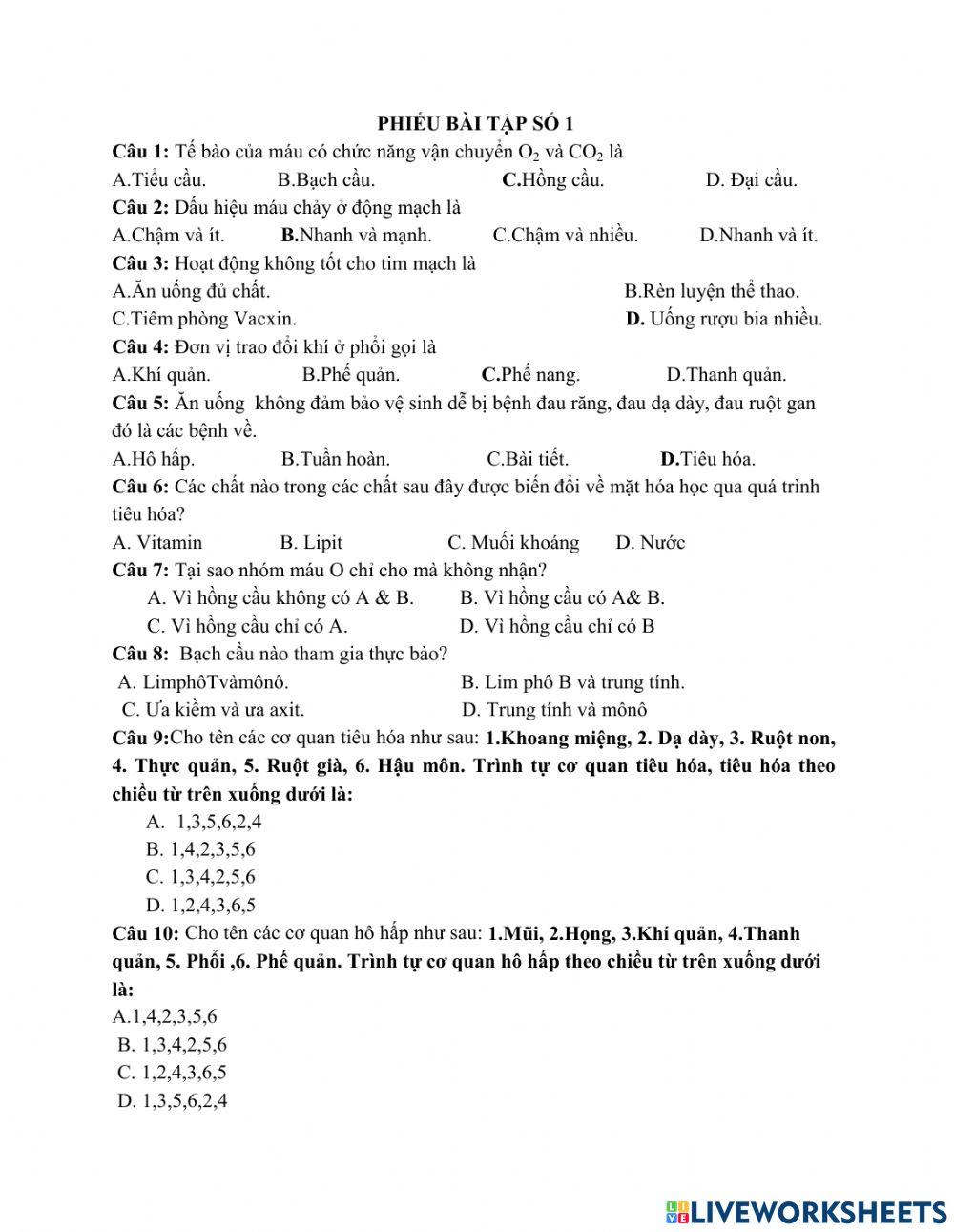 Phiếu bài tập số 1 sinh 8 cuối ki 1