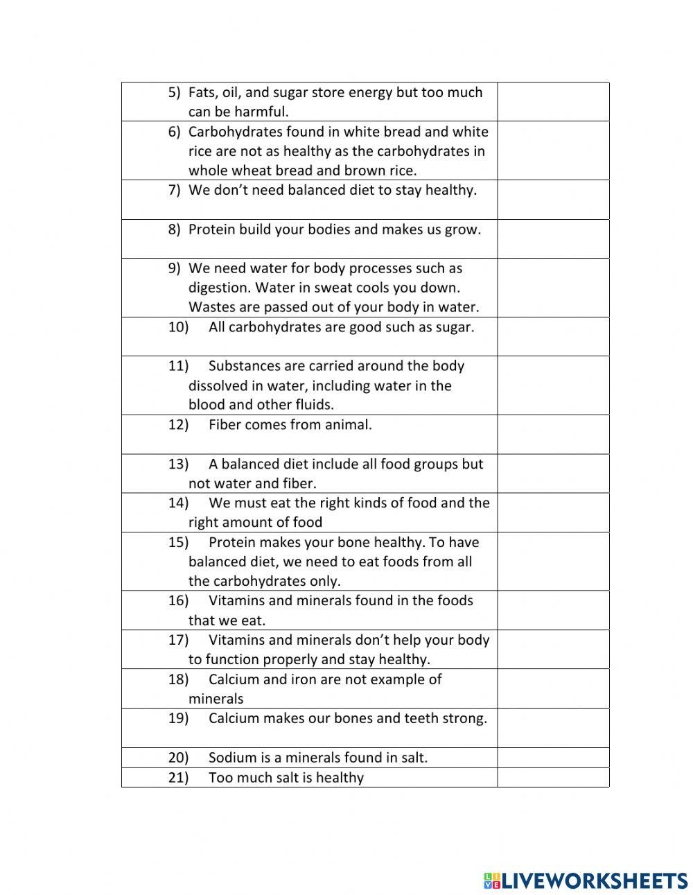 Balanced diet online exercise for live worksheets