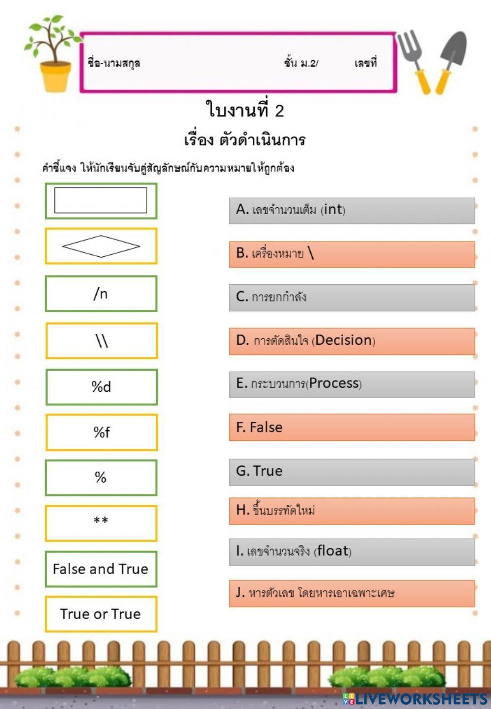 ใบงานที่ 2 ตัวดำเนินการ