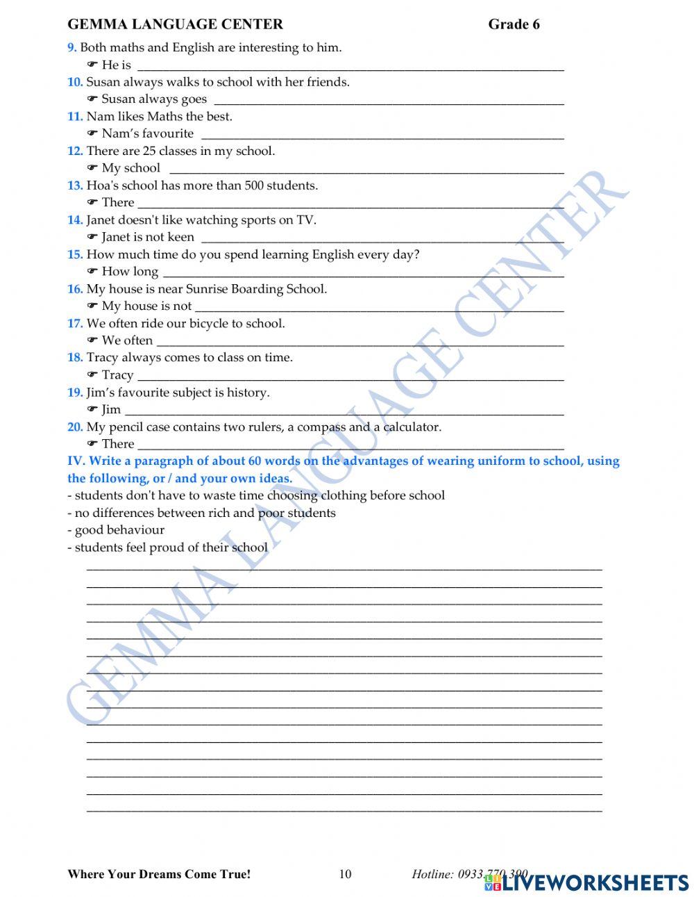 Review Unit 1 Reading and Writing Grade 6