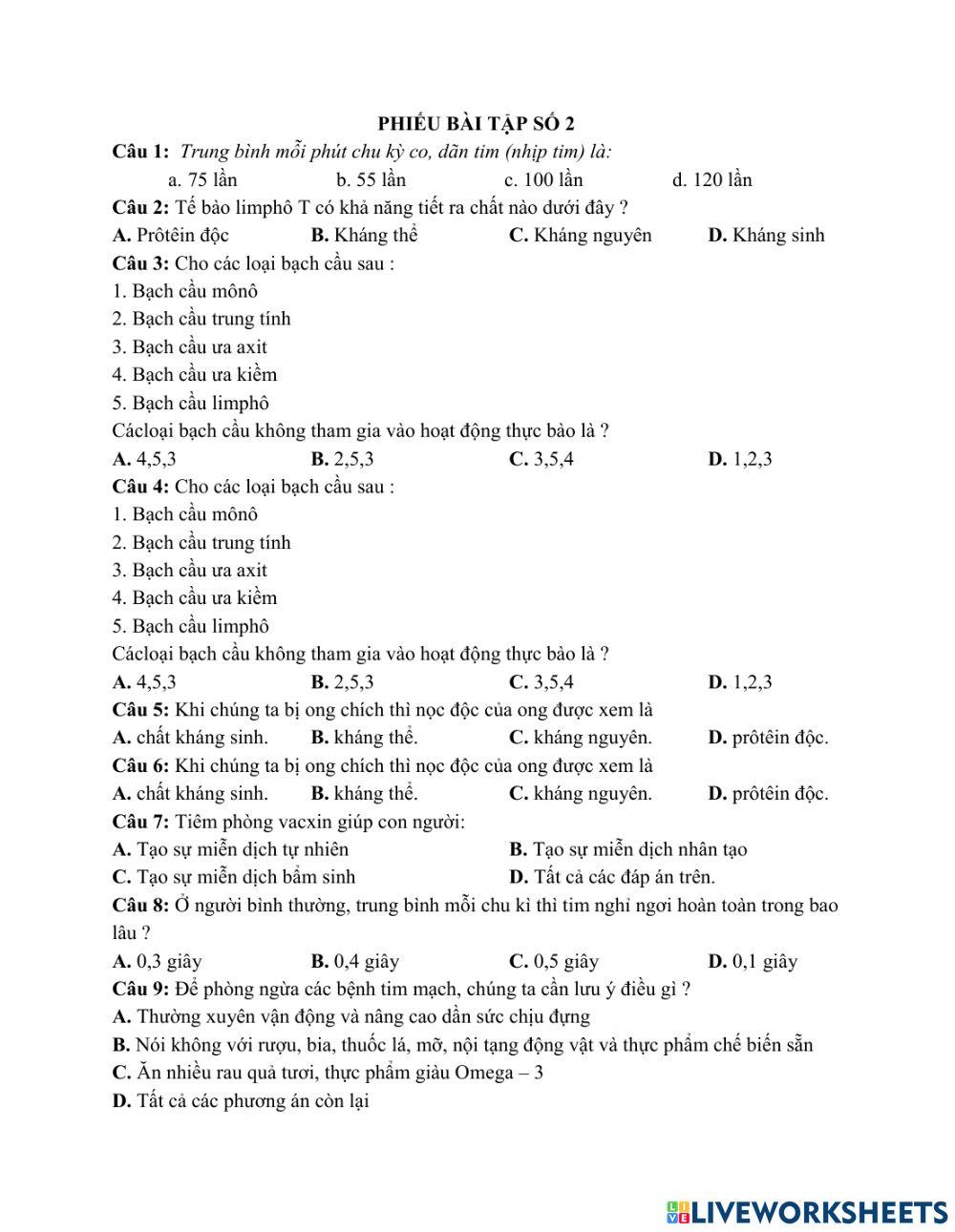 Phiếu bài tập số 2 sinh 8 cuối ki 1
