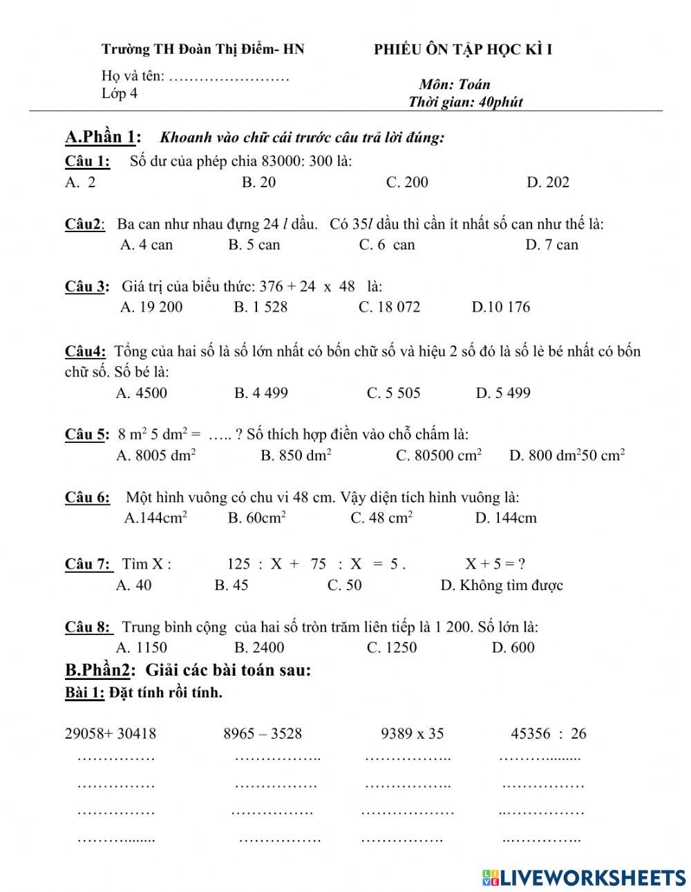 Phiếu ôn tập toán cuối kì 1-số 2