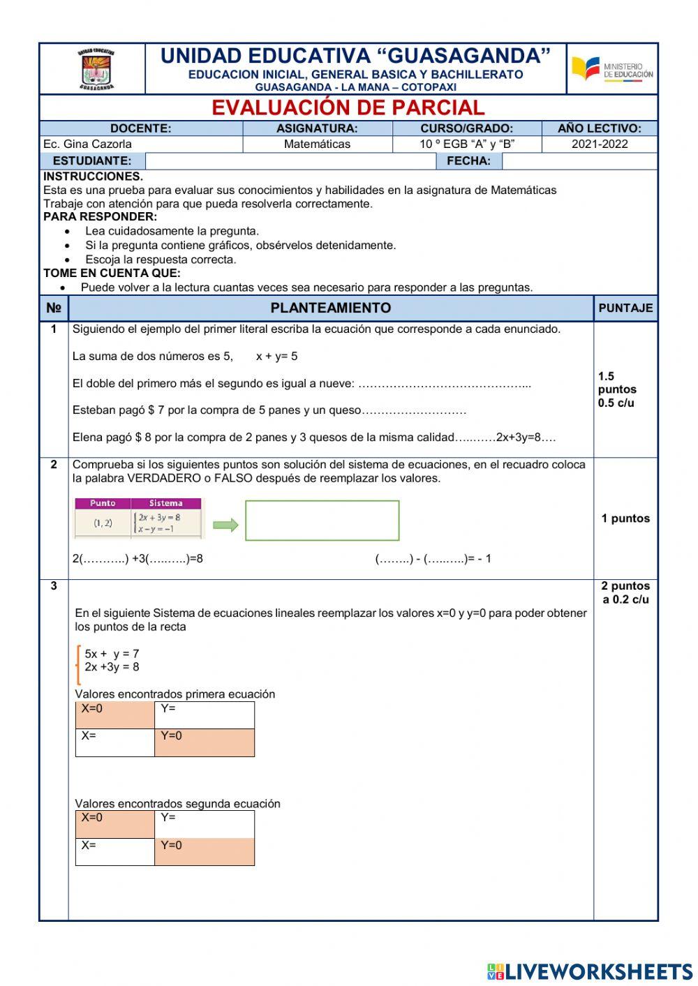Matemáticas online exercise for Décimo | Live Worksheets