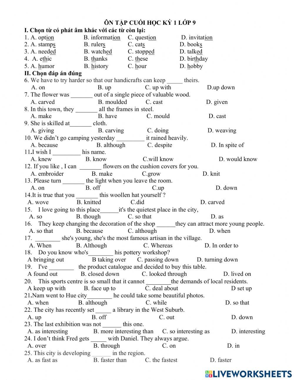 Ôn cuối hk1 lớp 9