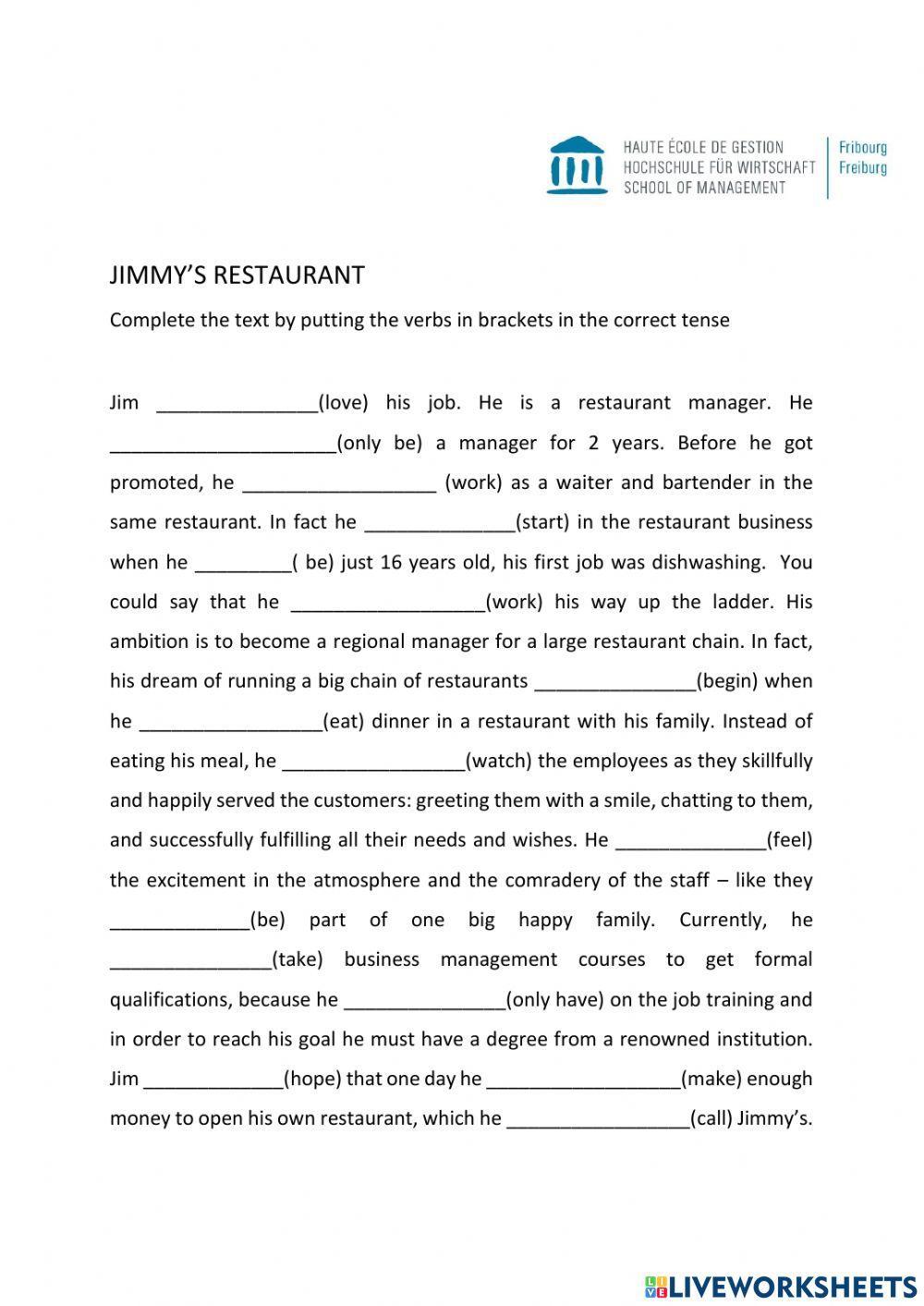 Jimmy's Restaurant verb tense exercise
