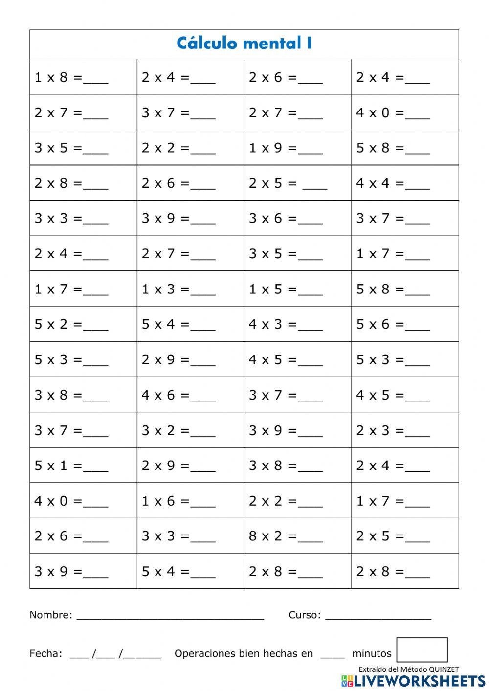 Calculo mental multiplicaciones 1 worksheet Live Worksheets