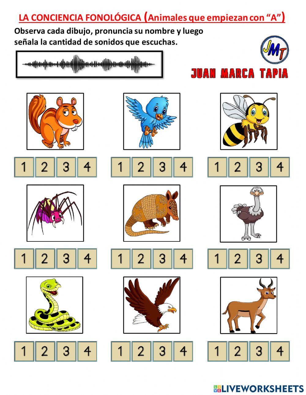 La Conciencia Fonológica. Animales cuyos nombres empiezan con -A-