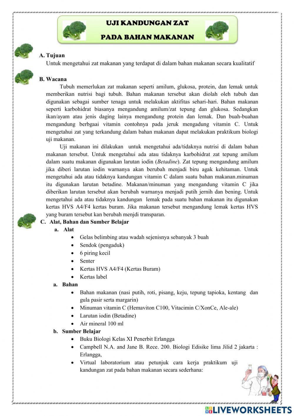 E-LKPD SISTEM PENCERNAAN MAKANAN (Uji Kandungan Zat Pada Bahan Makanan)