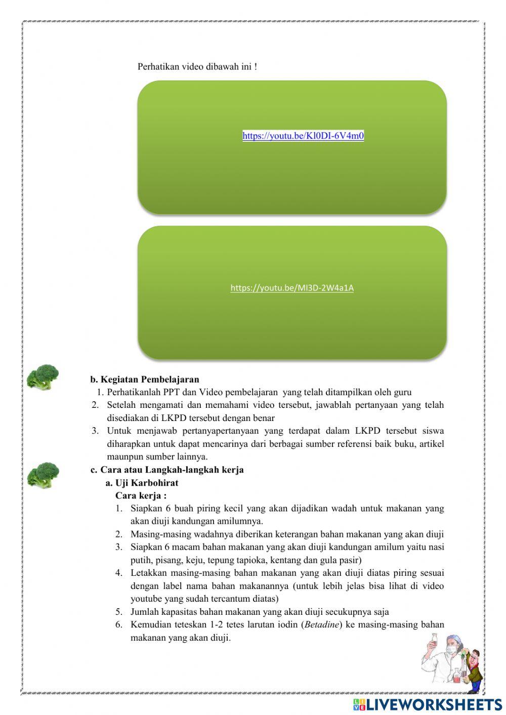 E-LKPD SISTEM PENCERNAAN MAKANAN (Uji Kandungan Zat Pada Bahan Makanan)