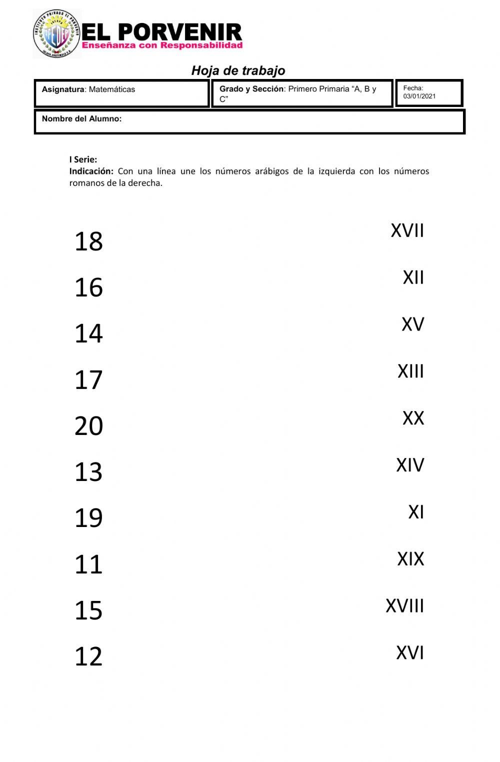 HOJA DE TRABAJO: NUMERO ROMANOS