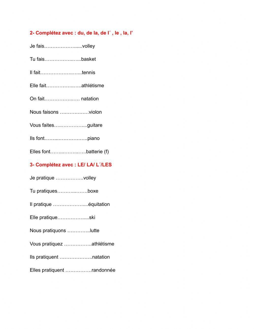 Verbes jouer, faire, pratiquer + sport -musique