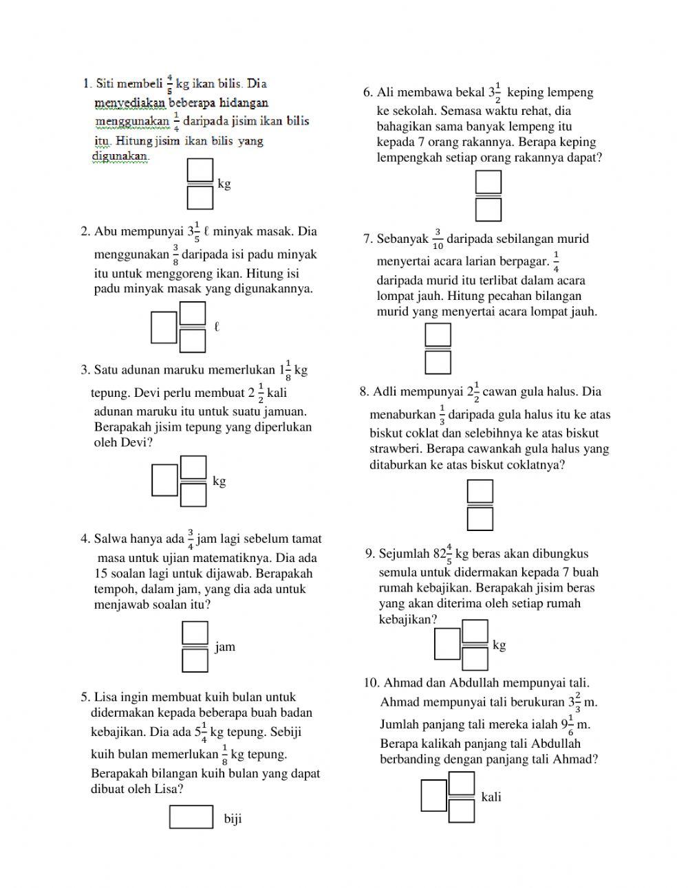 Matematik Tahun 6 : Masalah Pecahan