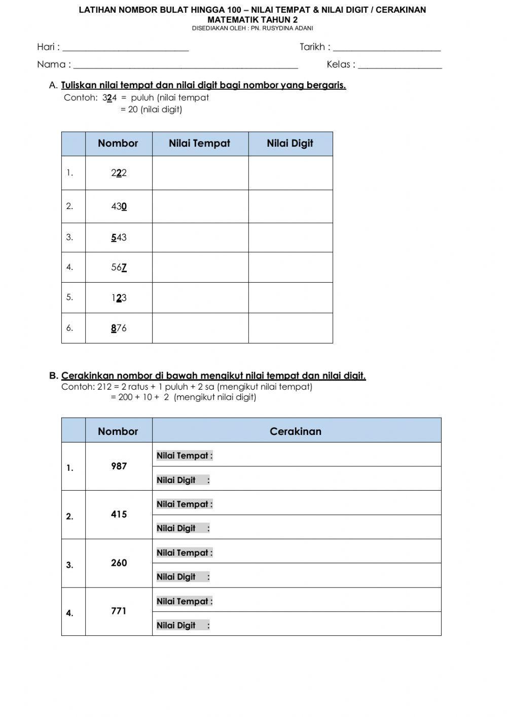 Latihan nilai tempat tahun 2