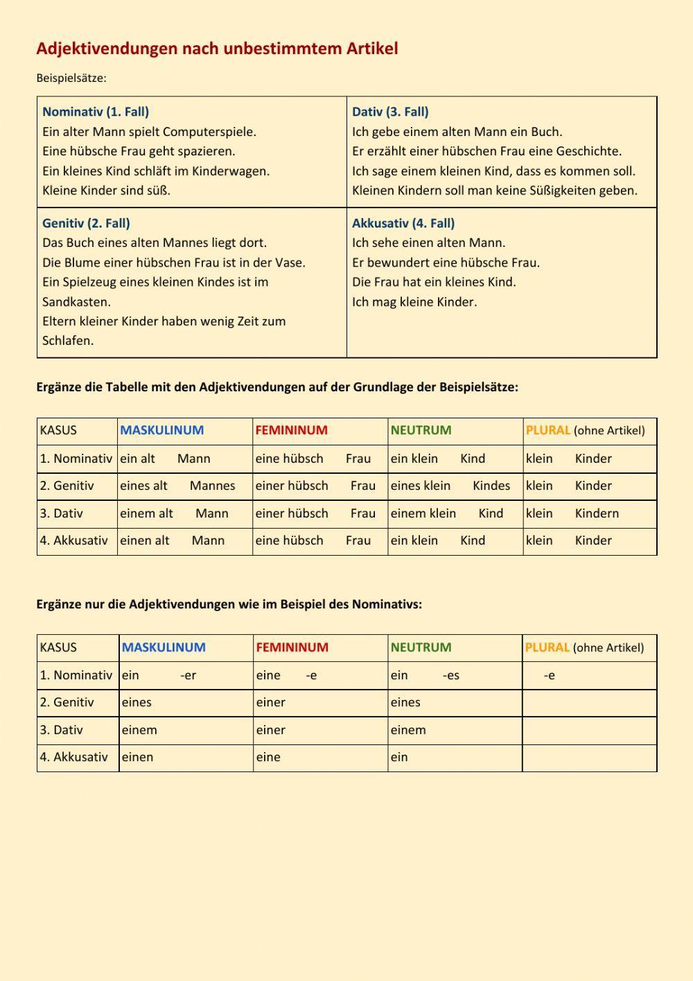 Adjektivendungen nach unbestimmtem Artikel