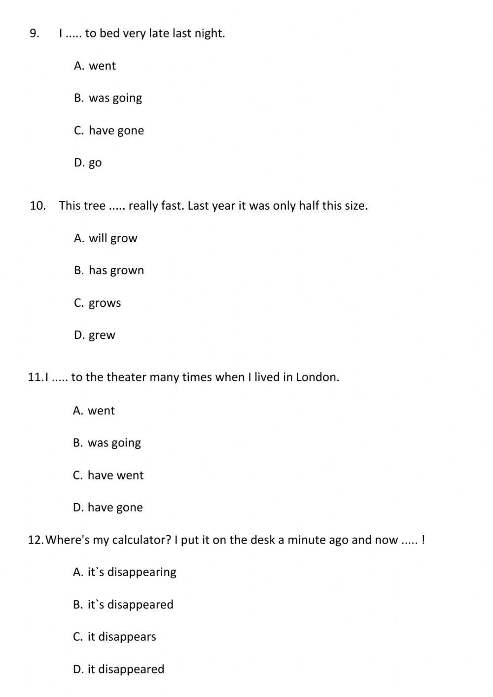 Multiple choice tenses