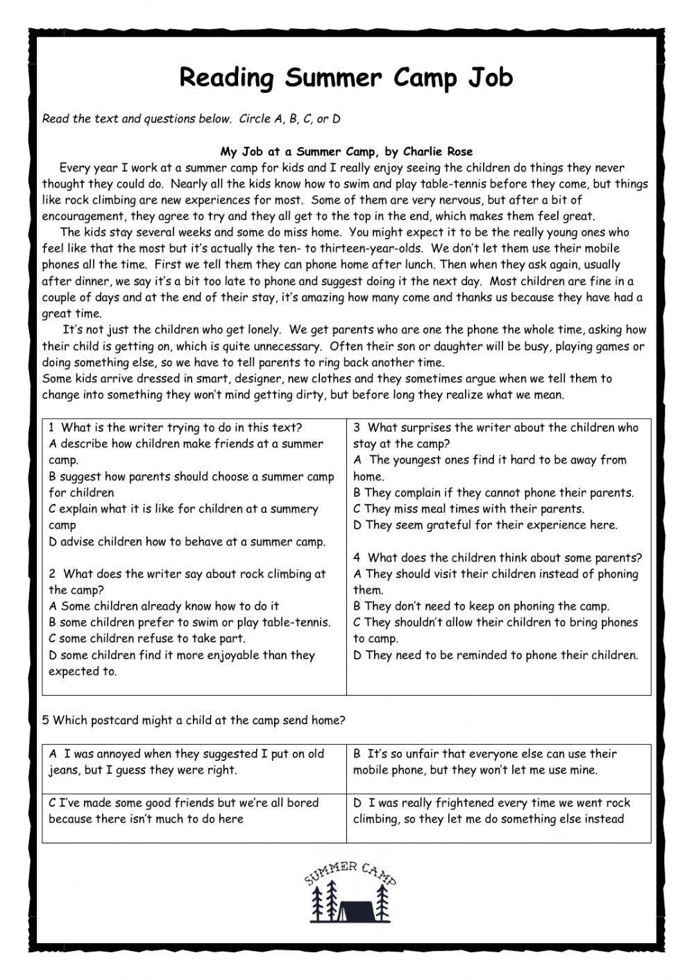 Summer Camp Job Reading