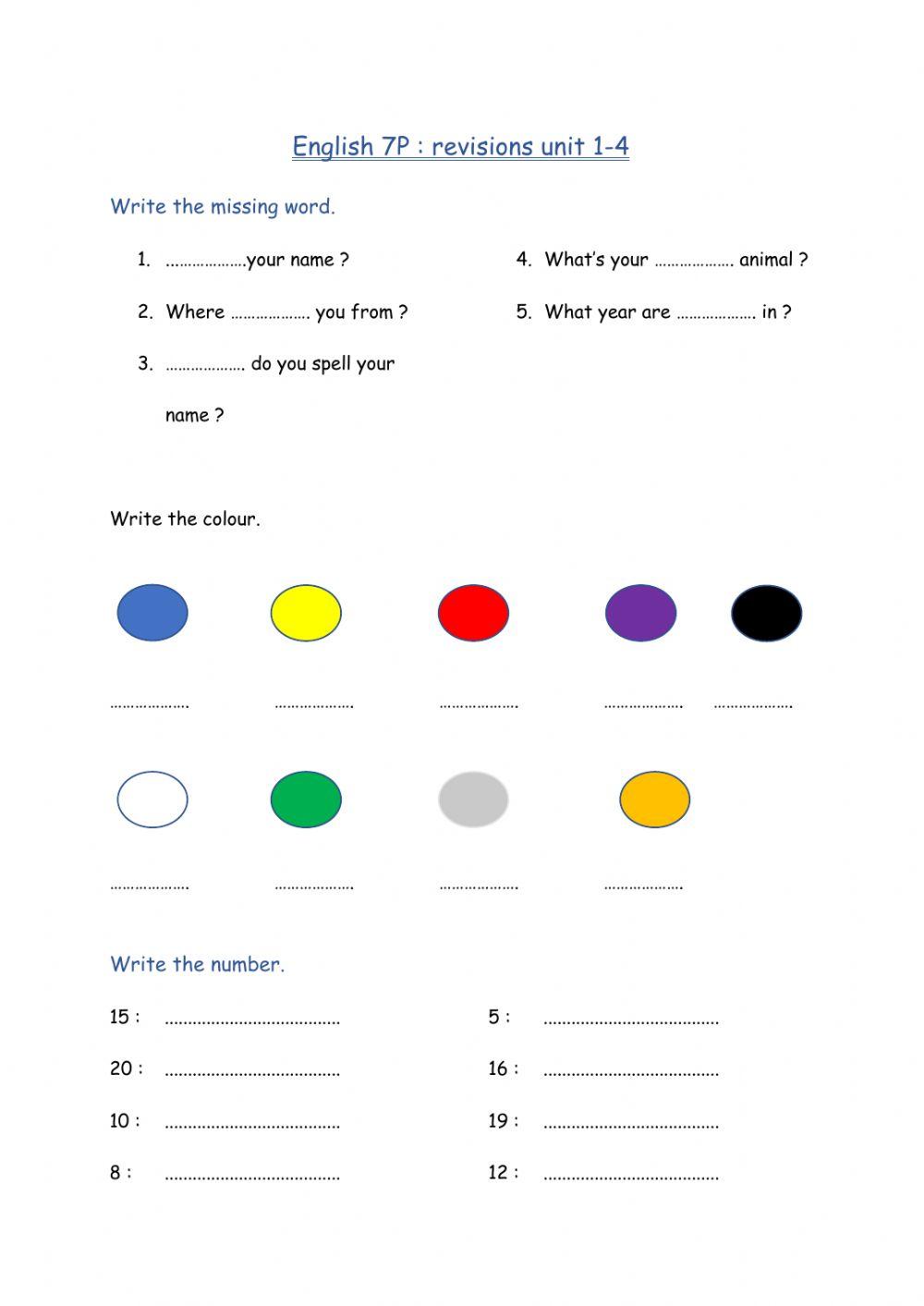 Questions, colours, numbers 1-20