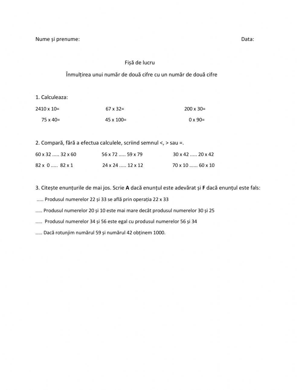 Înmulțirea unui număr de două cifre cu un număr de o cifră