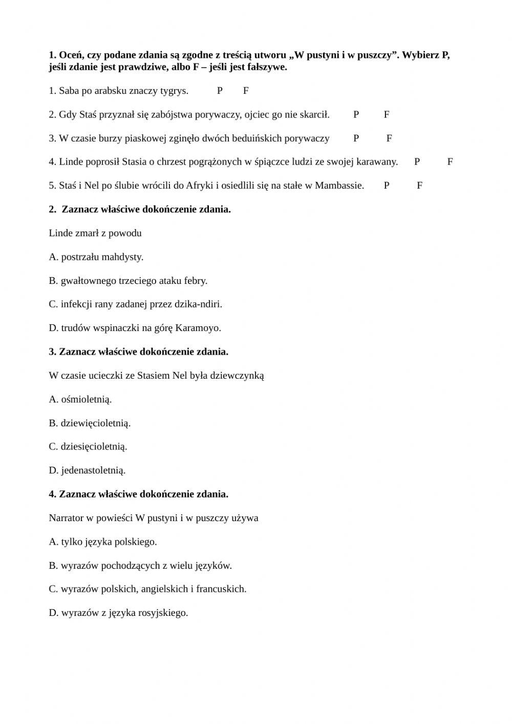 Quiz W Pustyni Iw Puszczy Sprawdzian -W pustyni i w puszczy- online exercise for | Live Worksheets