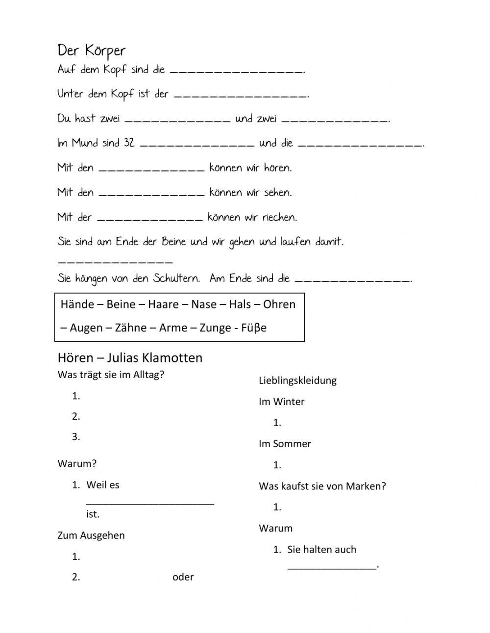 Korperteile sentences und horen
