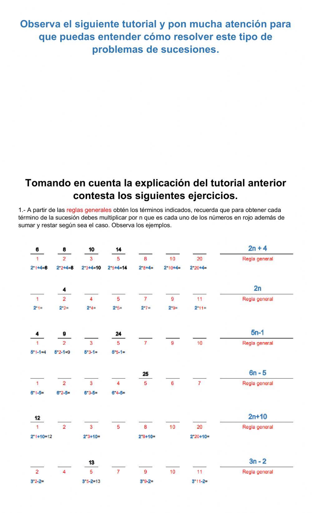 Construcción de sucesiones de números enteros a partir de las reglas algebraicas que las definen. Obtención de la regla general (en lenguaje algebraico) de una sucesión