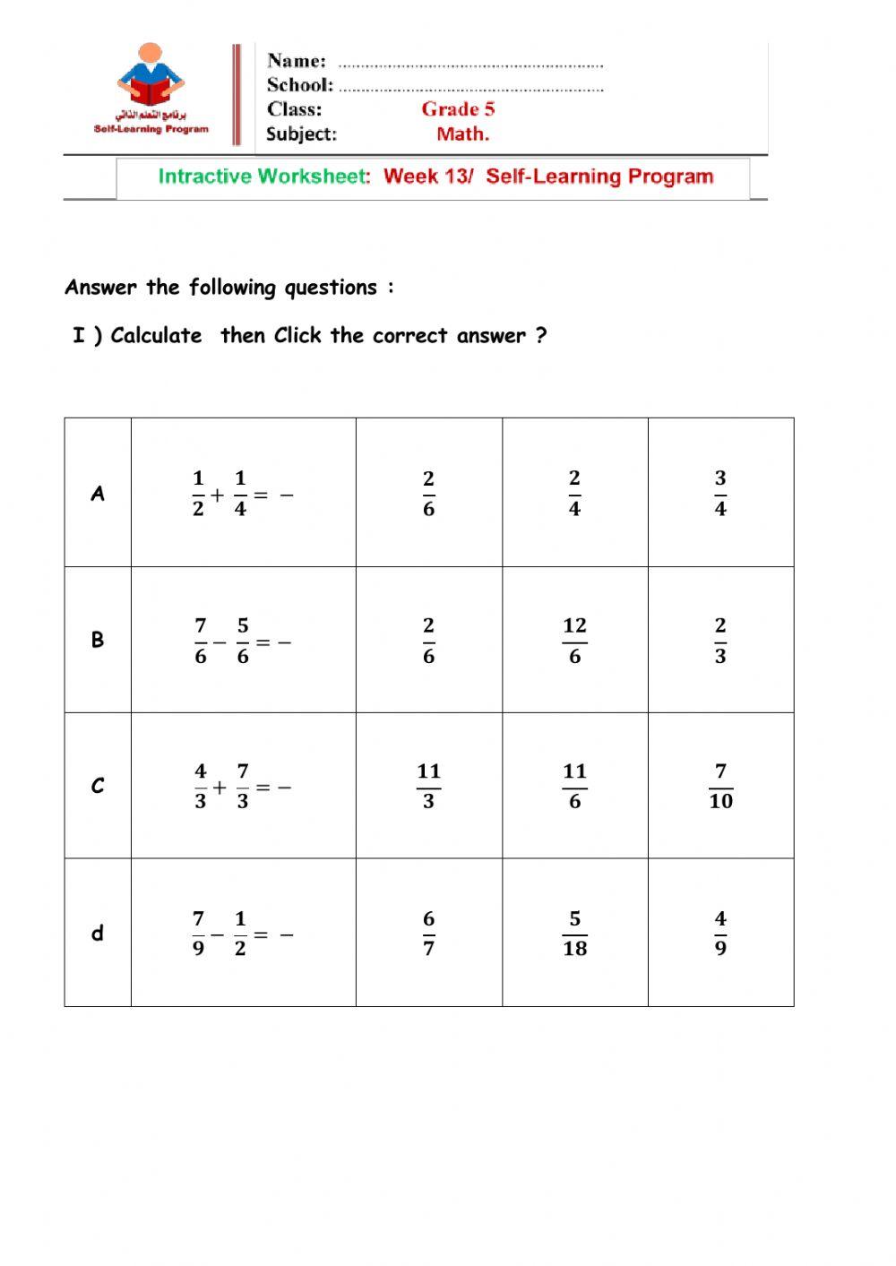 Adding and Subtracting Fractions of like denominators