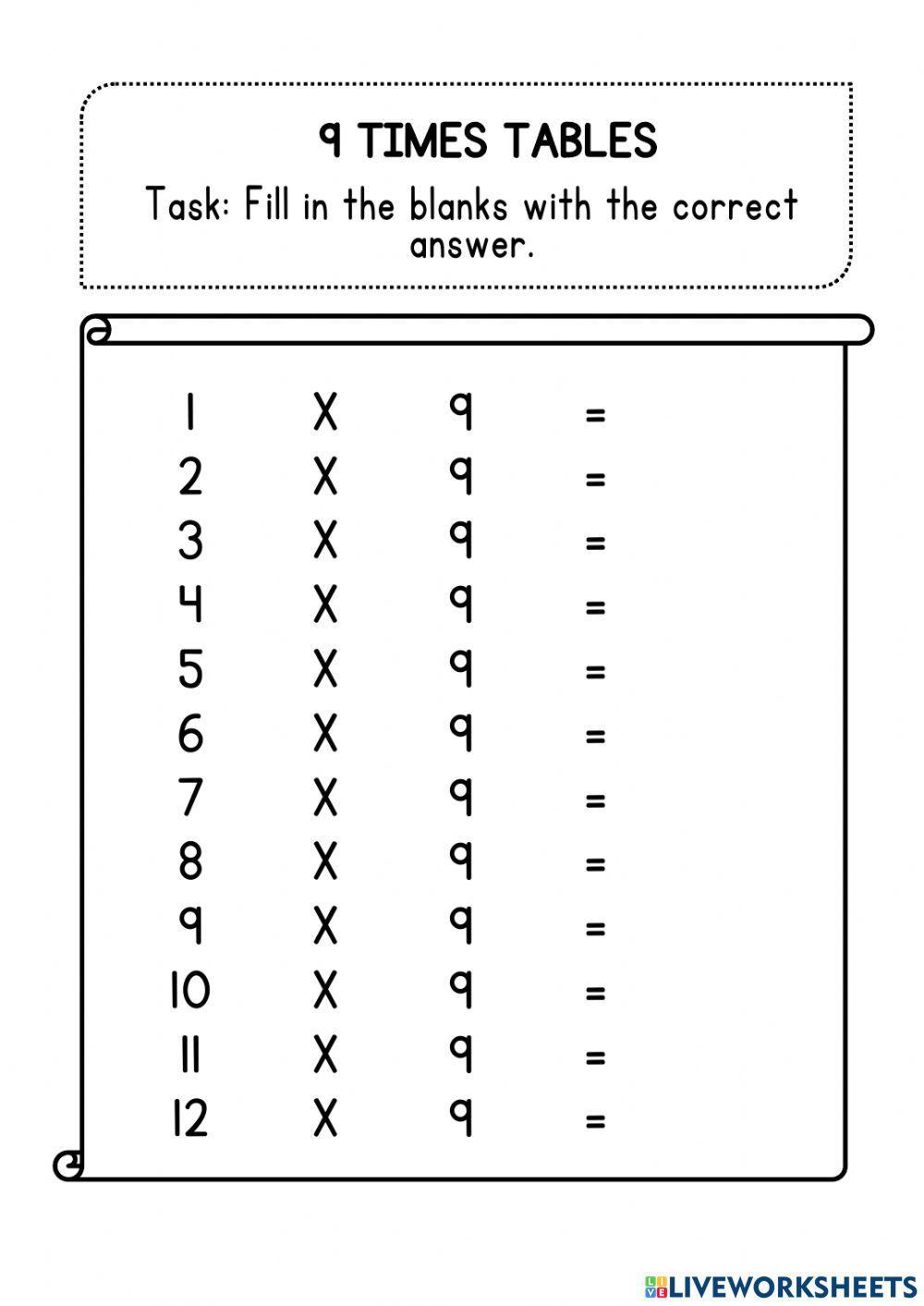 9 times tables interactive worksheet live worksheets