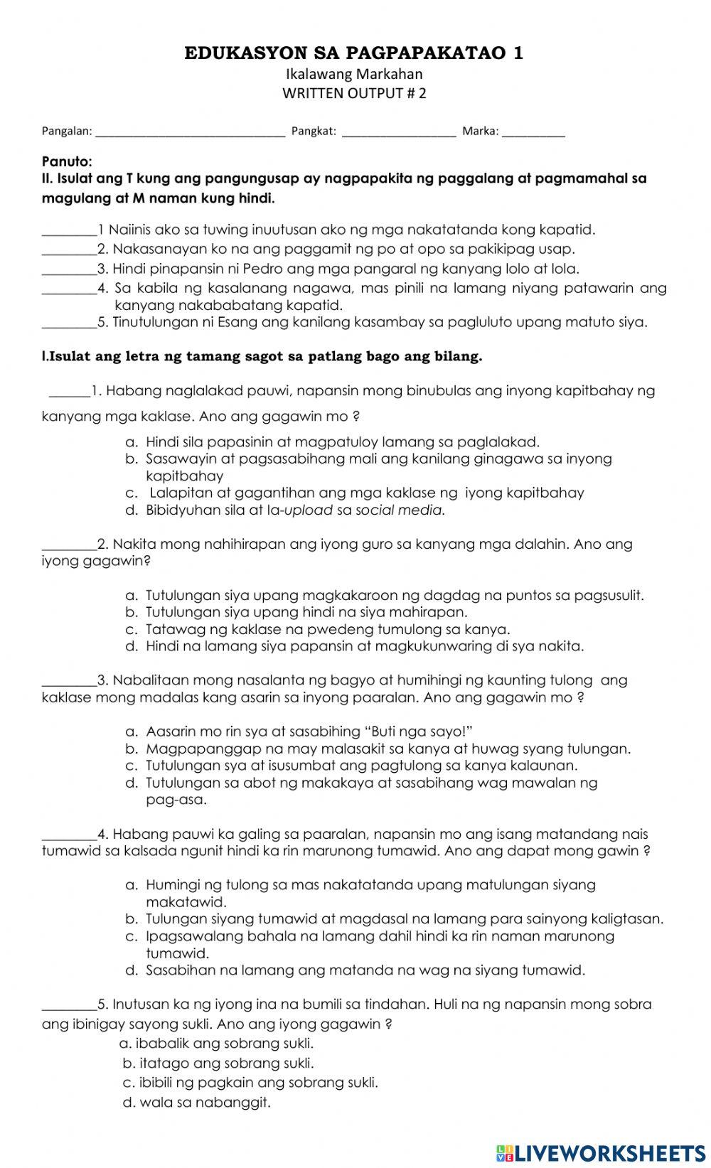 Esp 1 written 2 2Q worksheet | Live Worksheets