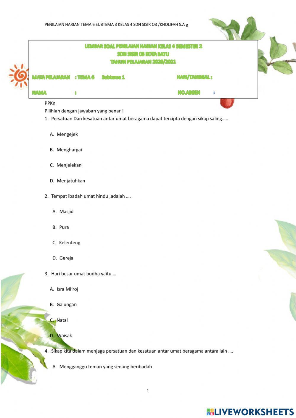 Penilaian Harian Tema 6 subtema 3