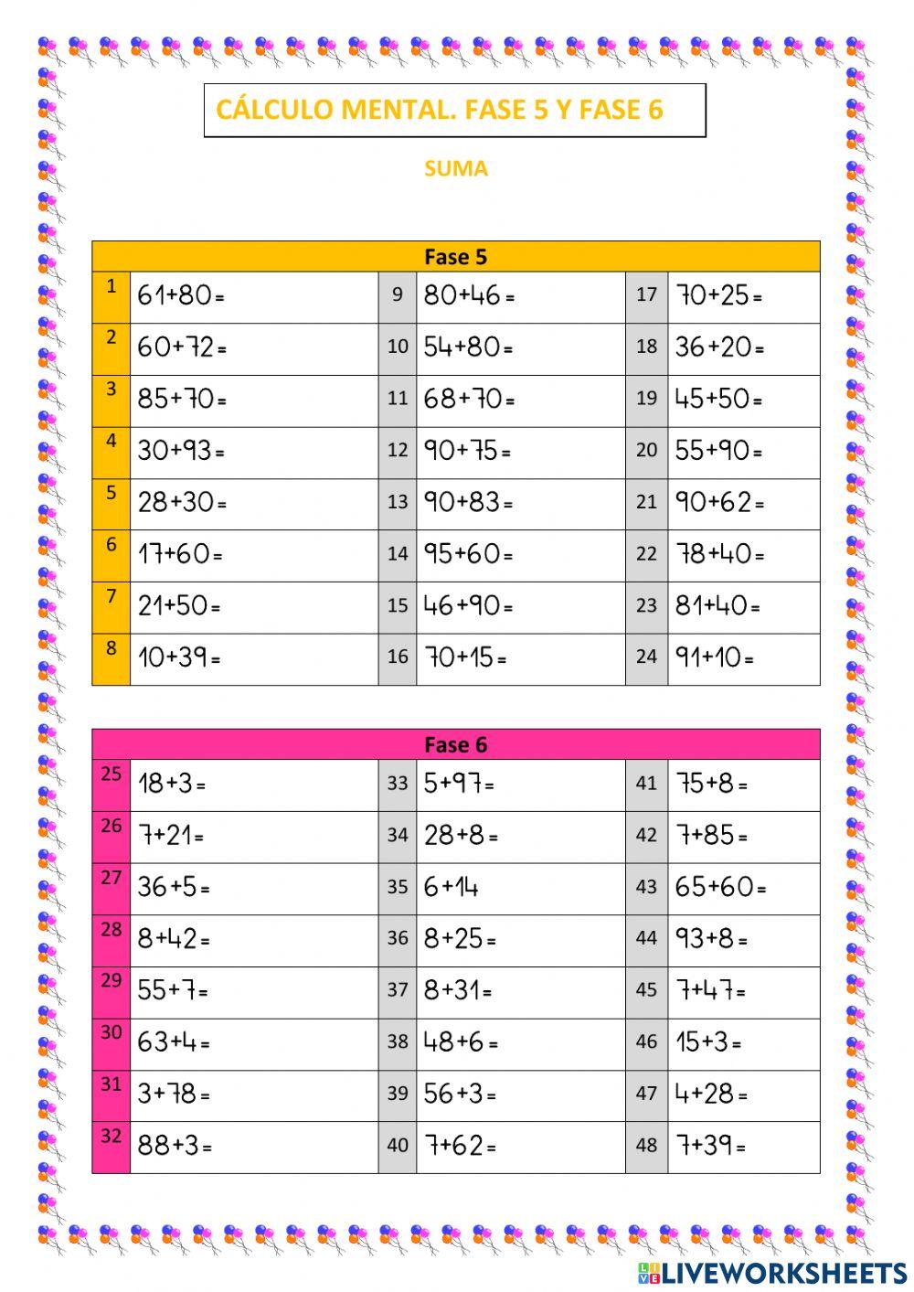 Cálculo mental. sumas. fase 5 y 6. abn