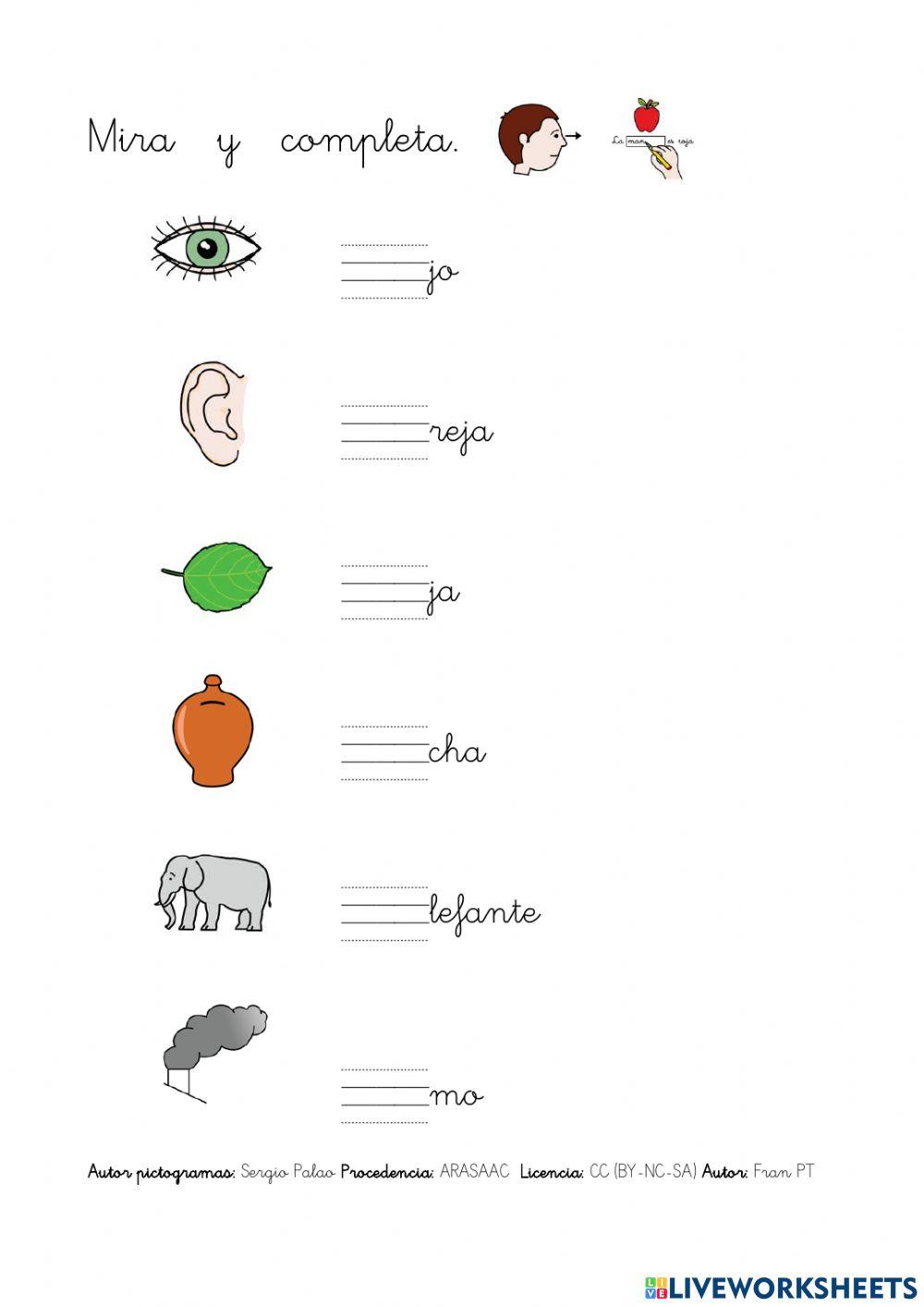 Completar palabras con sílabas con h o no.