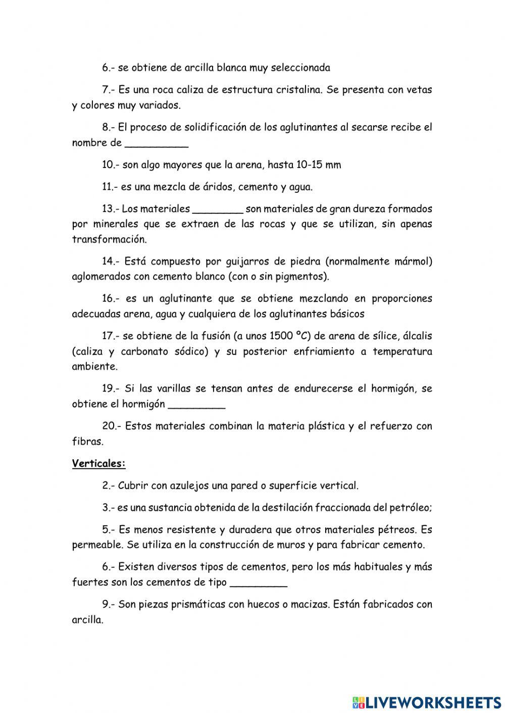 Crucigrama materiales de construcción