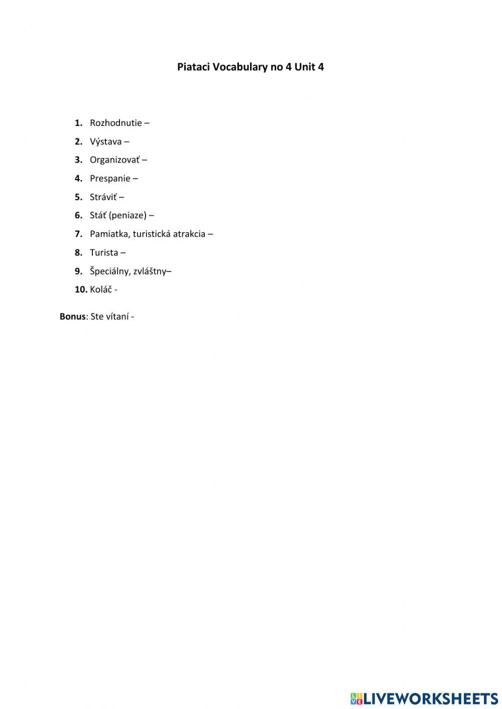 Piataci Vocabulary no 4 Unit 4