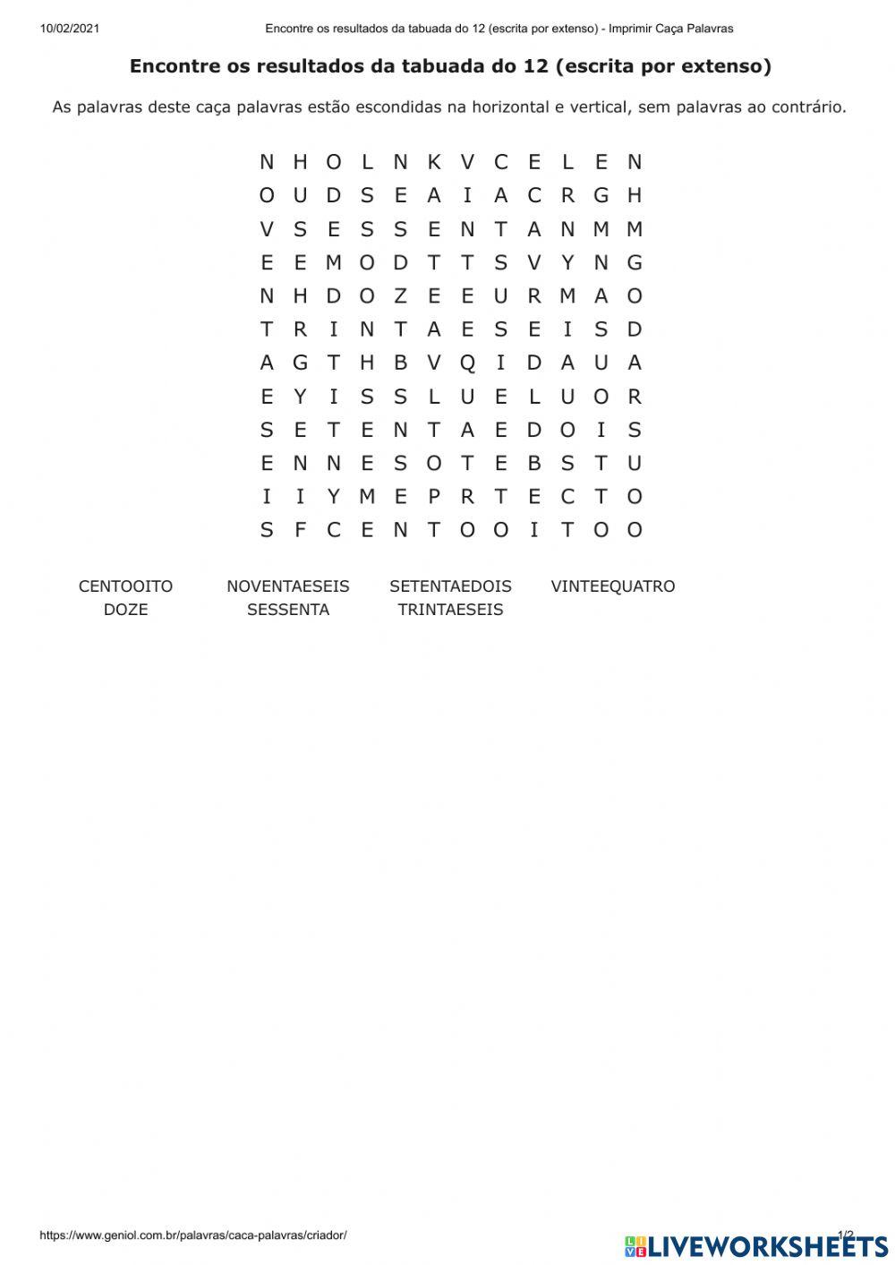 Encontre os resultados da tabuada do 12 (escrita por extenso)