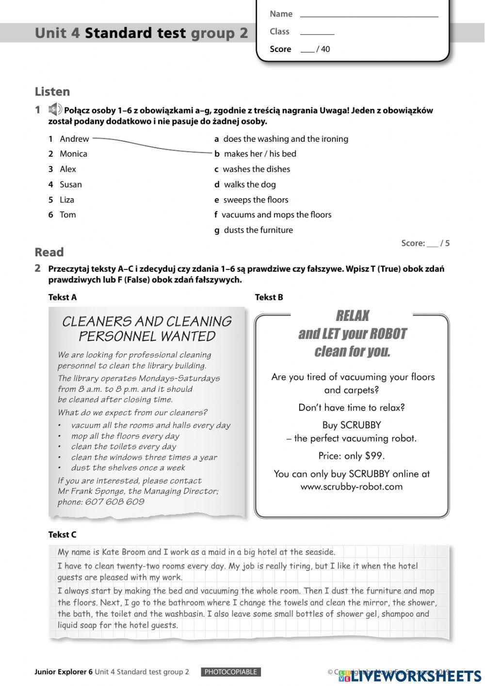 Junior Explorer 4 Unit 1 Test 4721455 | Junior Explorer 6 Standard Test Unit 4 (grupa