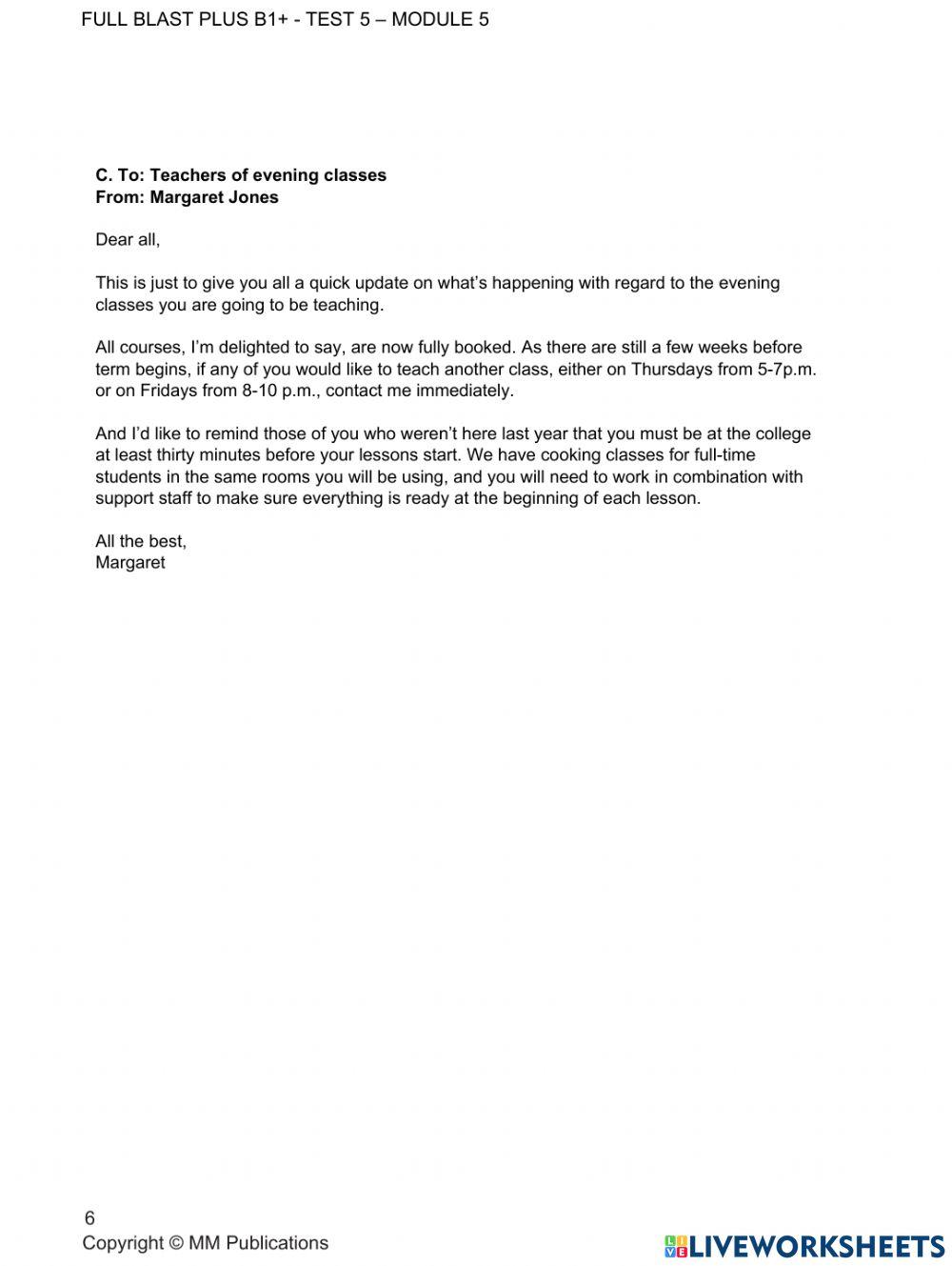 FULL BLAST PLUS B1+ MODULE 5 TEST (VOCABULARY )