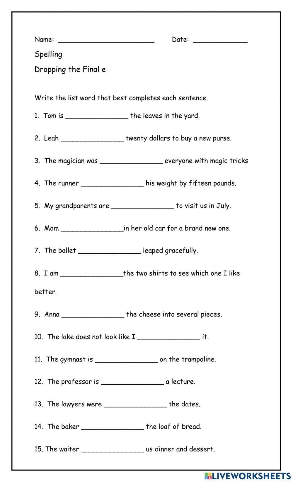 Dropping the Final e | JohnetteMcCoy | Live Worksheets