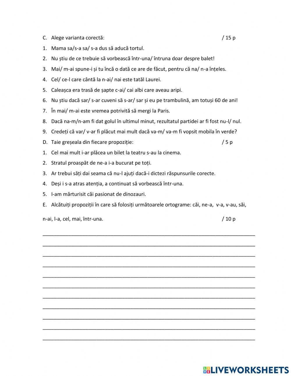 Test la limba română - clasa a IV-a 