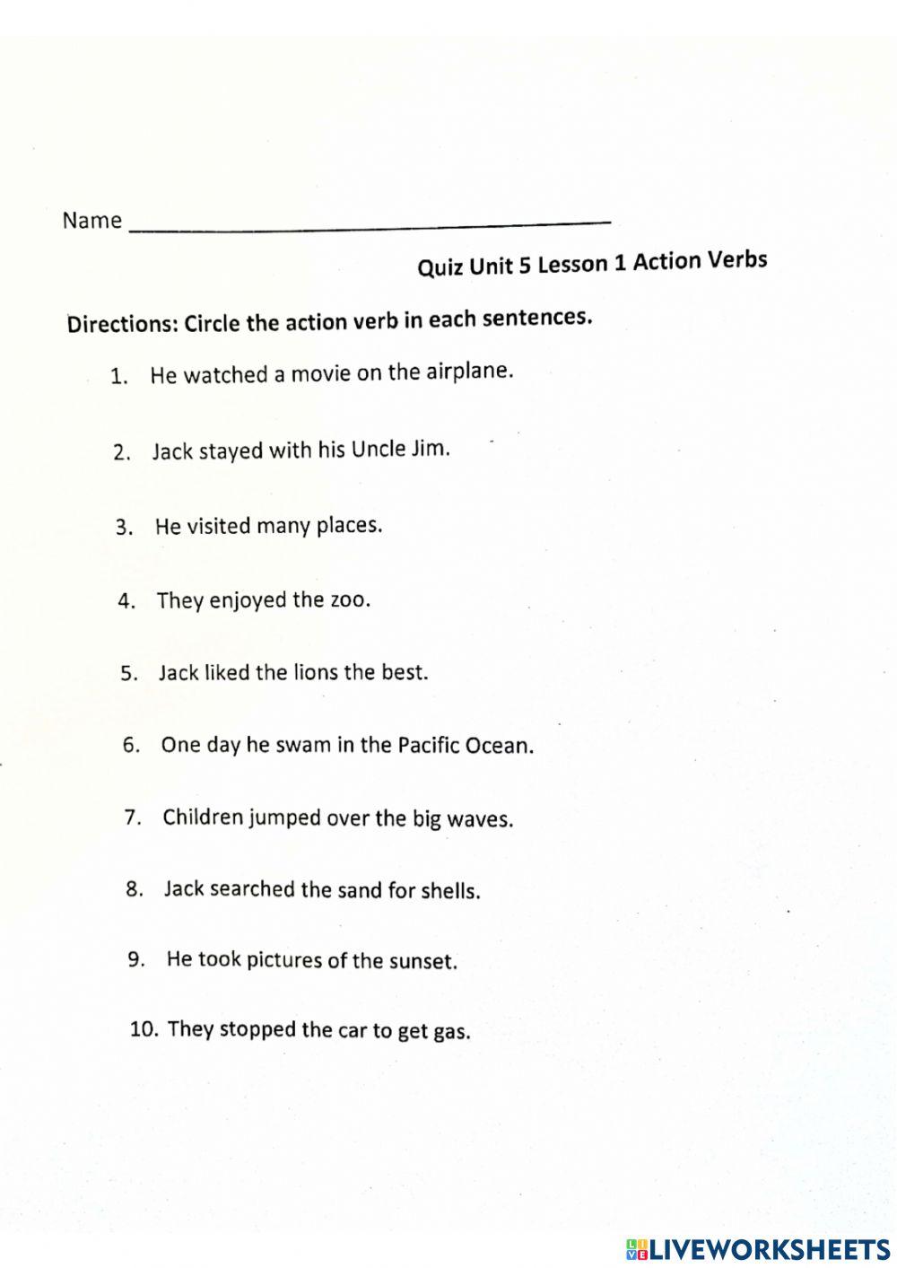 Unit 5 Lesson 1 Quiz Verbs
