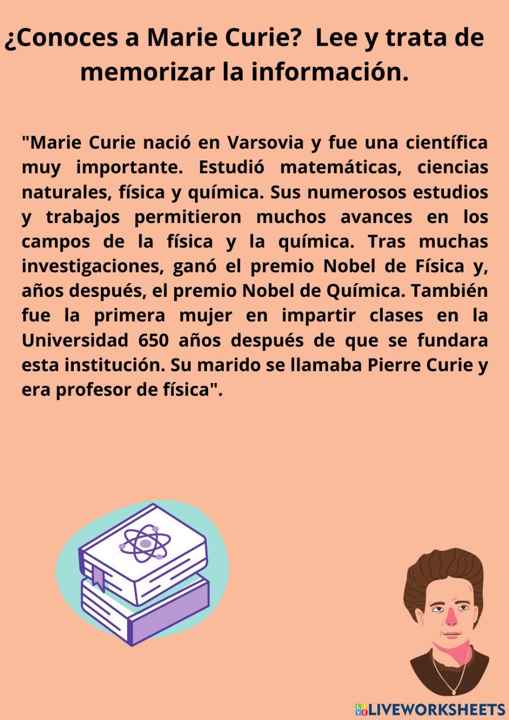 Comprensión lectora- Marie Curie