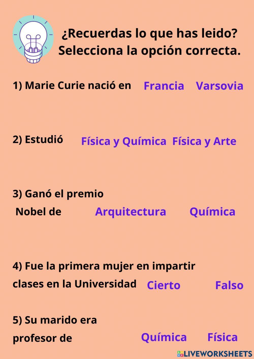 Comprensión lectora- Marie Curie
