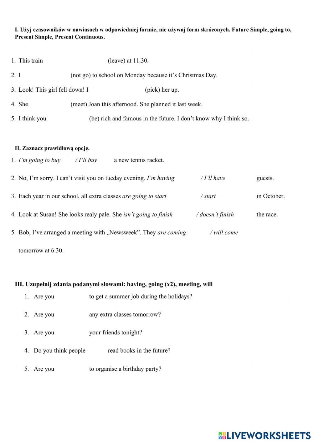 Online quiz - expressing the future, grade 8