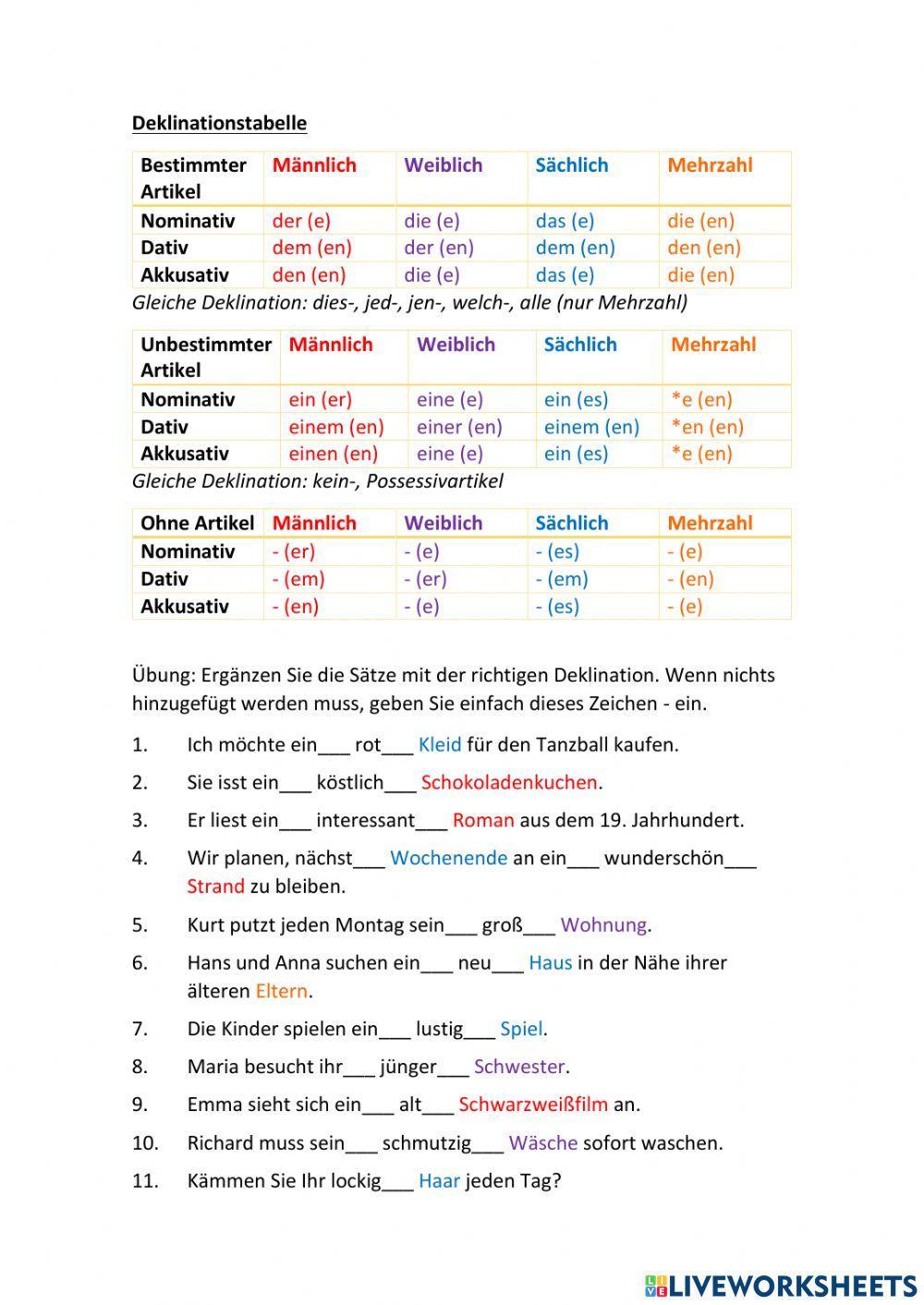 Deklinationstabelle - Übungsblatt 1