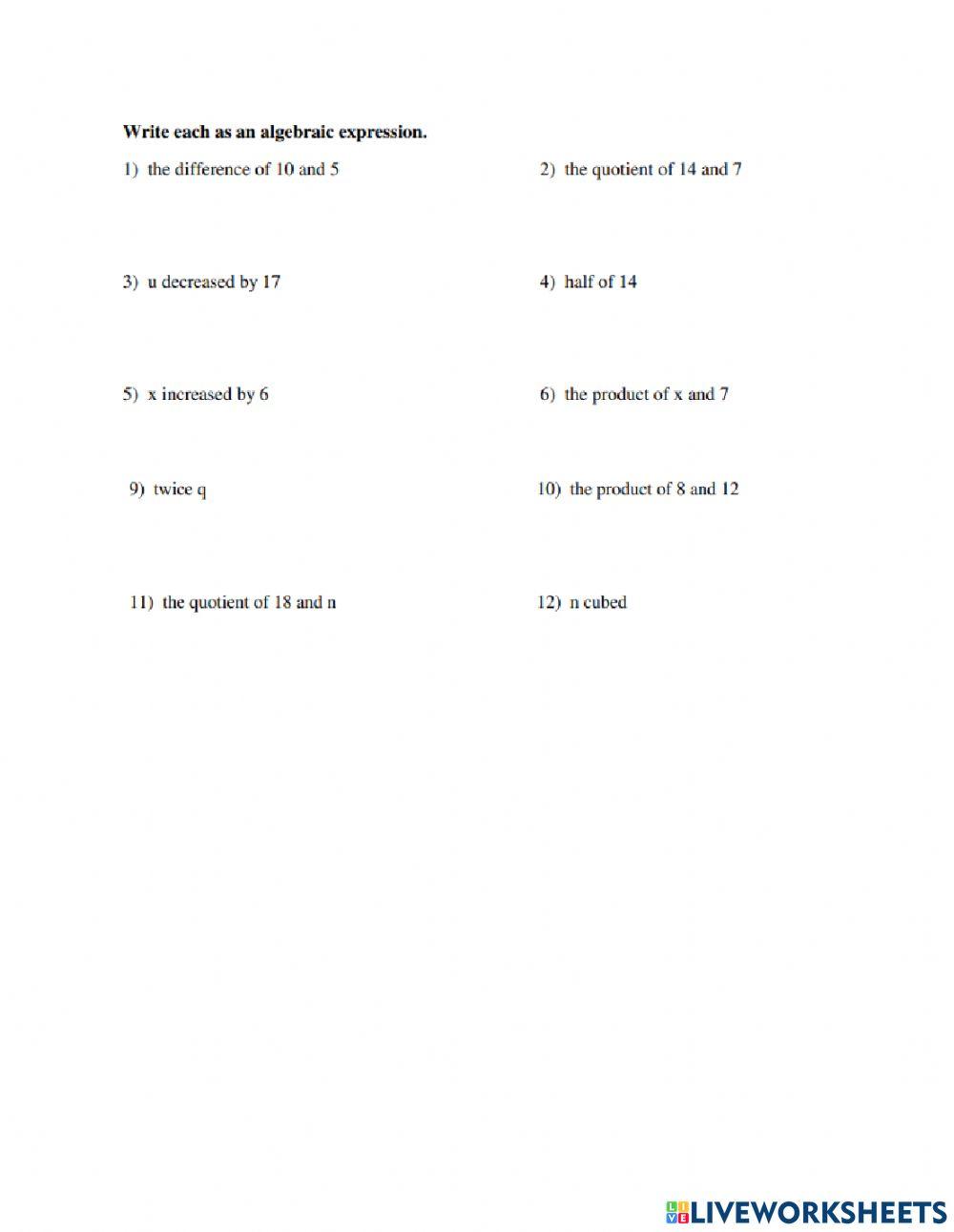 Variable and expressions interactive worksheet | Live Worksheets