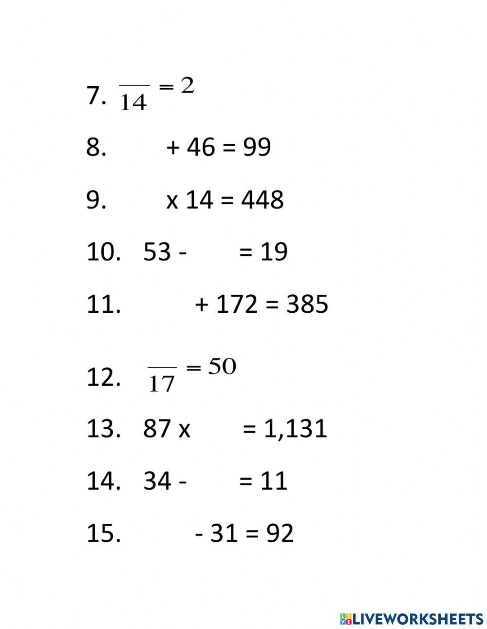 Finding Missing Numbers 3 worksheet | Live Worksheets