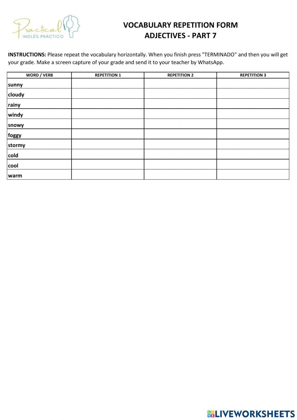 Vocabulary repetition form - adjectives - part 7