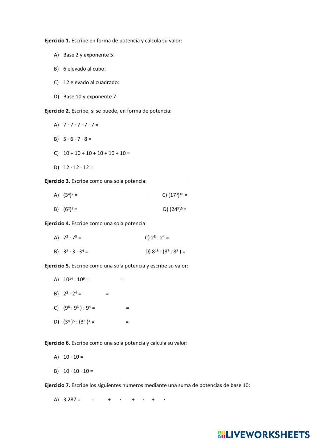 Examen potencia y raíces 1º eso