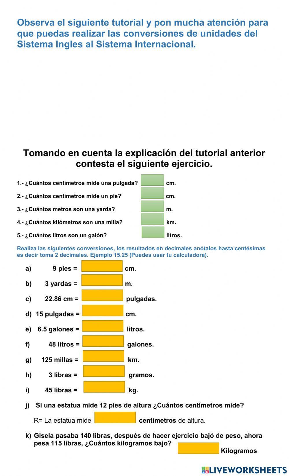 Conversiones de unidades del sistema ingles al sistema internacional
