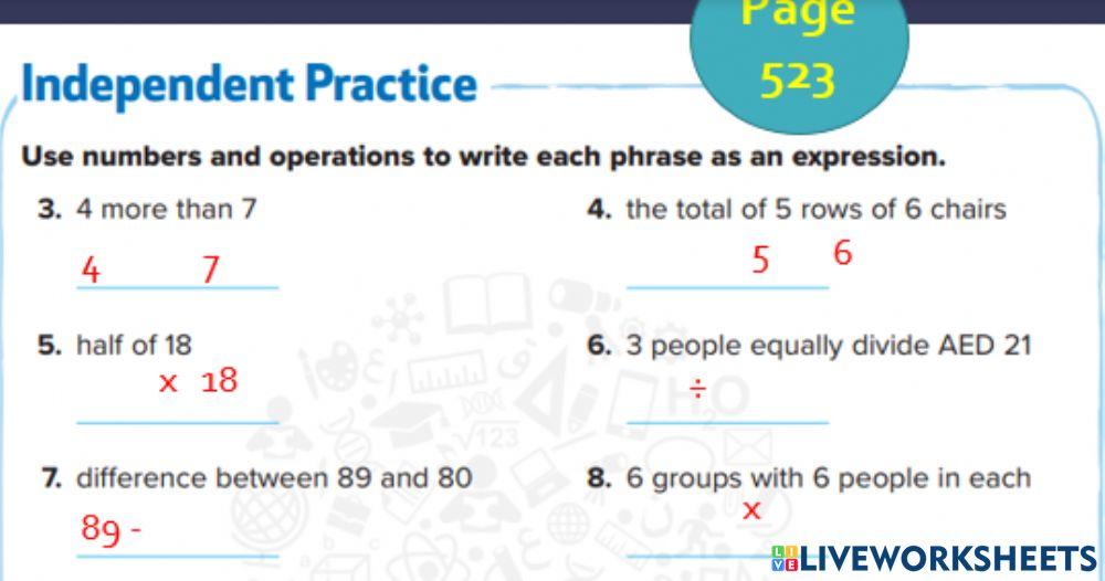 Lesson 5: Write Expressions worksheet | Live Worksheets